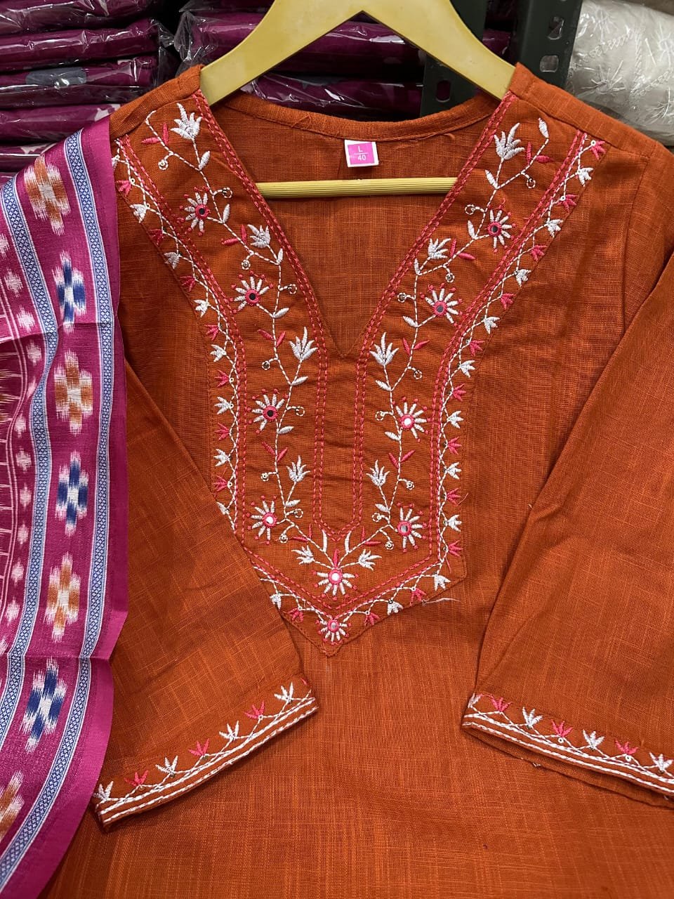 Rust Handloom Kurta Pant with Silk Dupatta